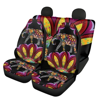 INSTANTARTS Слон Цветни Индийски Мандала Дизайн на Предните и Задните Седалки Калъф Пълен 4 Авто Интериорни Аксесоари Калъф За Възглавници