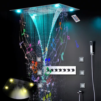 ЛУКСОЗНА баня Музика Bluetooth комплект за душ LED дъжд, мъгла водопад масаж 600x800 mm душ-панел струя на тялото термостатическая Вана